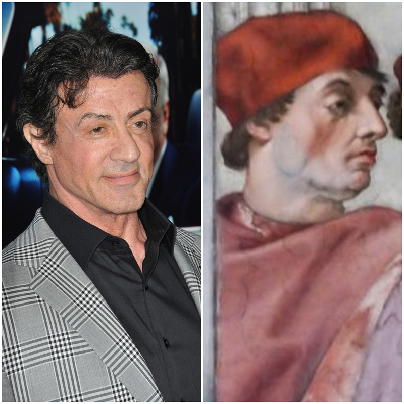 Sylvester Stallone and Character in 1511 Painting by Raphael, “The Cardinal and Theological Virtues” | Alamy Stock Photo by Jaguar & The Picture Art Collection