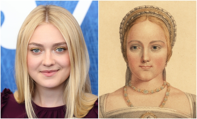 Dakota Fanning and “Portrait of Mary Zouch” by Hans Holbein the Younger | BAKOUNINE/Shutterstock & Alamy Stock Photo by Florilegius