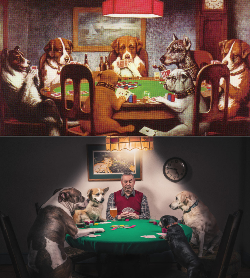 Hilarious Recreations | Dogs Playing Poker by Cassius Marcellus Coolidge/Alamy Stock Photo & Twitter/@mcguiremade