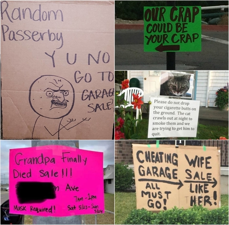 Los letreros de jardín más divertidos y originales que hayas visto | Instagram/@andigoweee & Imgur.com/UOxbsHe & Q8ksuVp & Reddit.com/trentworksout & albertkoholic