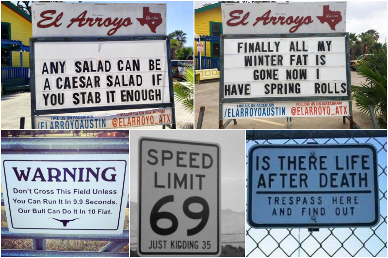 Más letreros divertidos que solo se encuentran en Texas | Facebook/@elarroyoatx & Imgur.com/ChickWithAnAttitude & NRGoPW1 & RIjHOdM