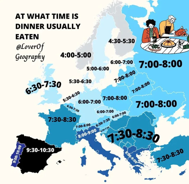 Dinner Time by European Country | Reddit.com/anonymous